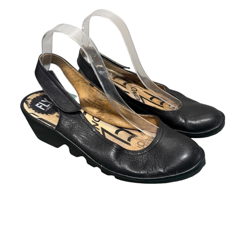 Fly London Slingback Wedges Sandals Black Leather Size 41